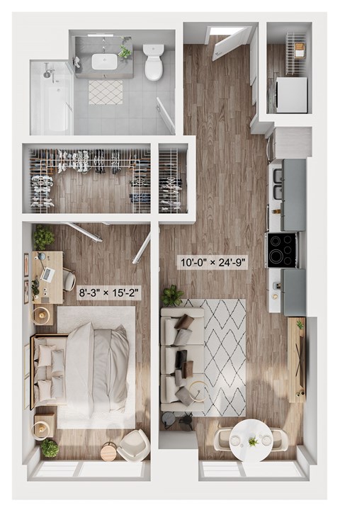 Floor plan for 1 bed, 1 bath, 630 sqft
